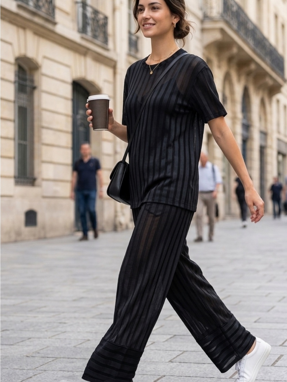 Zara Black Sheer-Striped Wide-Leg Jumpsuit